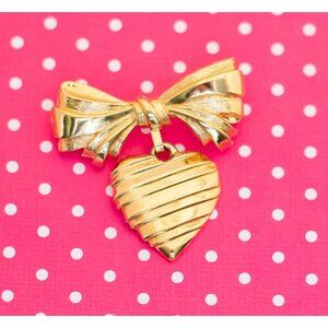 Vintage Ribbon Heart Gold Tone Brooch - P1